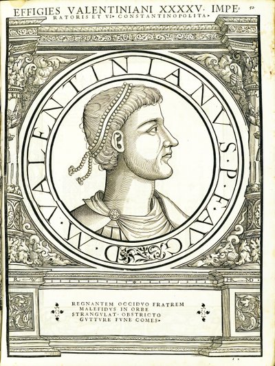 Valentinianus iunior, illustratie uit Imperatorum romanorum omnium orientalium et occidentalium verissimae imagines ex antiquis numismatis, houtsnede door Rudolph Wyssenbach, gedrukt door Andreas Gesner, Zürich door Hans Rudolf Manuel Deutsch